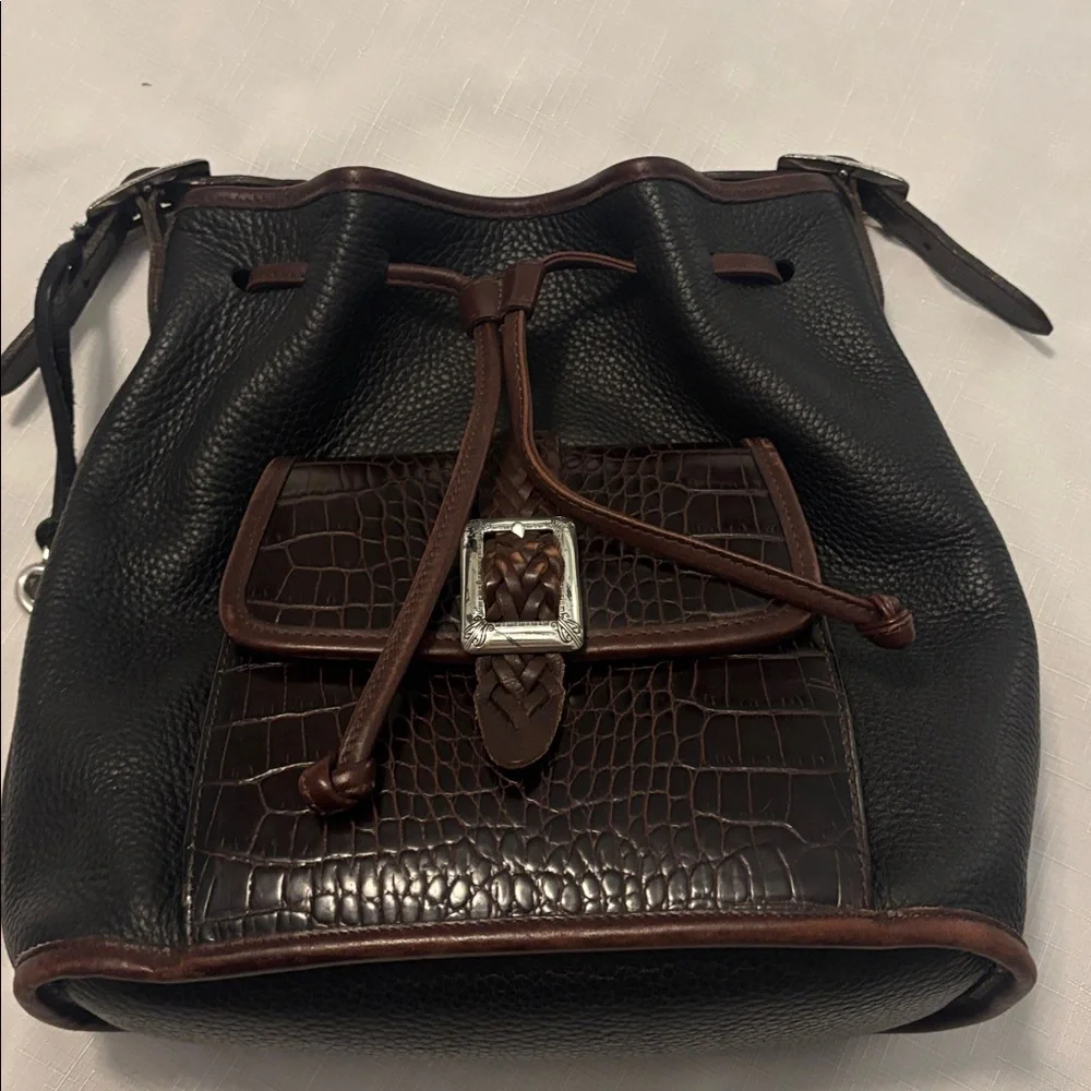 VTG Brighton Black & Brown silver Bucket Bag Crocodile print pebbled leather 90s - Picture 1 of 15